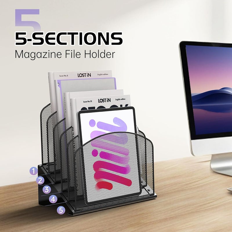 Sinboun Inclined Desk File Organizer Metal Desk Magazine Folder Holder with 5-Section Vertical Compartments Rack File Organizer for Office, Home, School, Black - Image 3